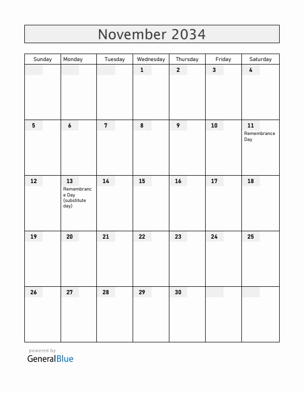 Bermuda November 2034 Calendar with Holidays