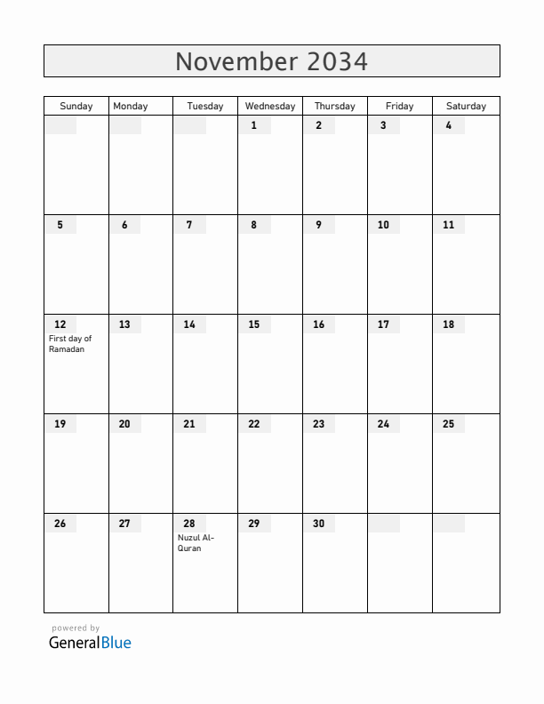 Brunei November 2034 Calendar with Holidays