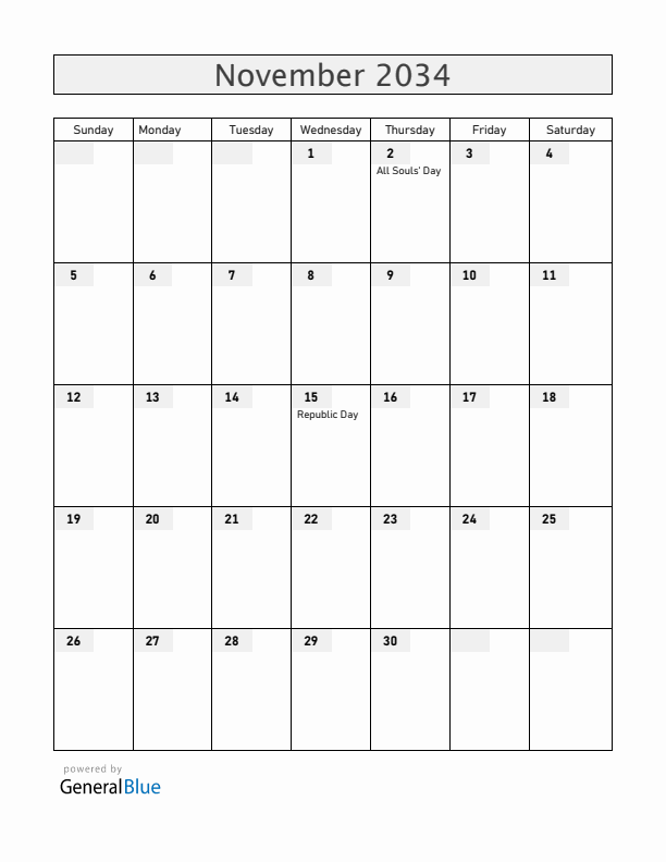 Brazil November 2034 Calendar with Holidays