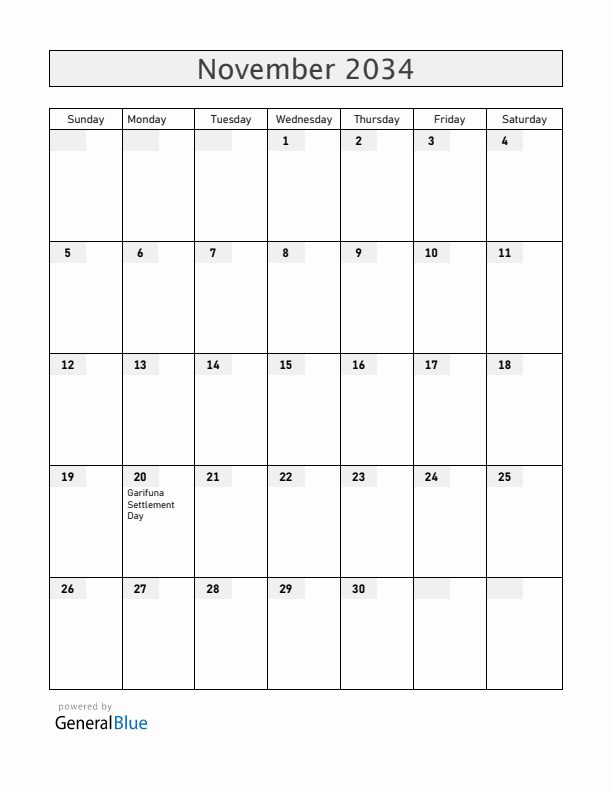 Belize November 2034 Calendar with Holidays