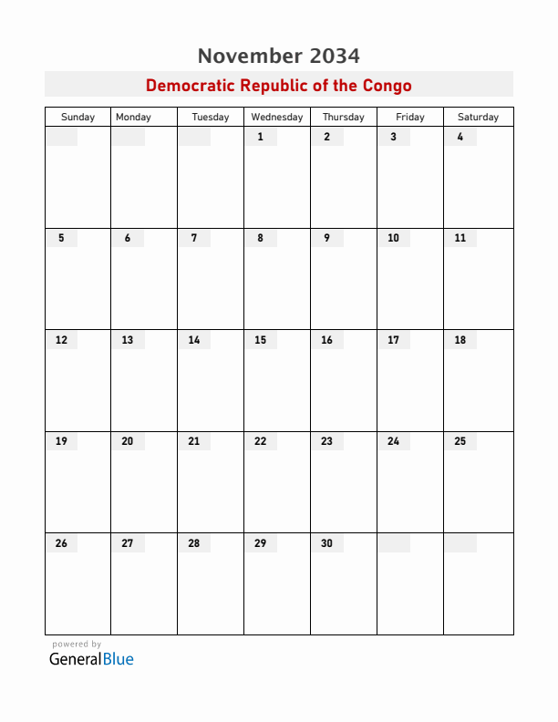 Democratic Republic of the Congo November 2034 Calendar with Holidays