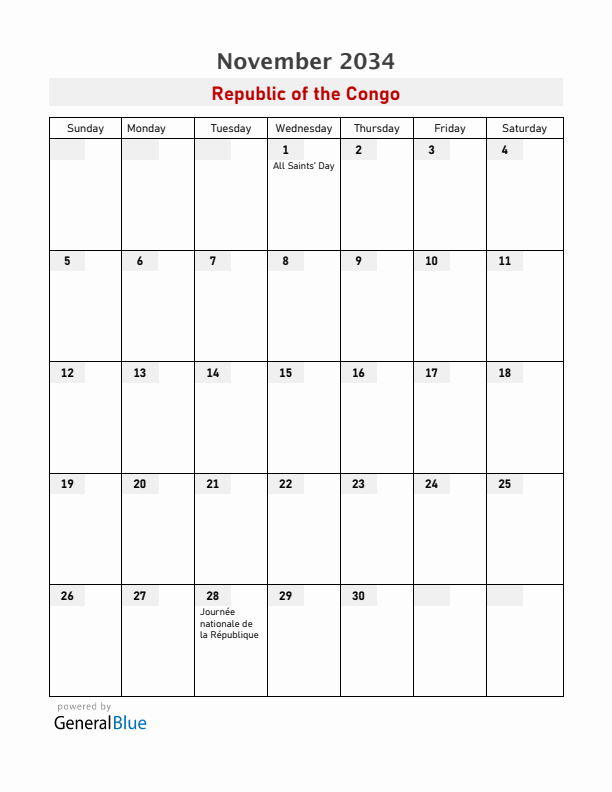 Republic of the Congo November 2034 Calendar with Holidays