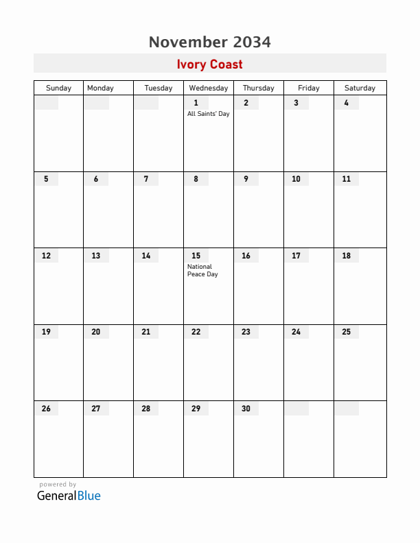 Ivory Coast November 2034 Calendar with Holidays