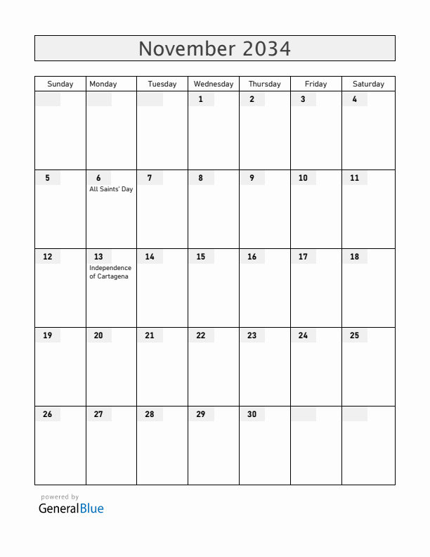 Colombia November 2034 Calendar with Holidays