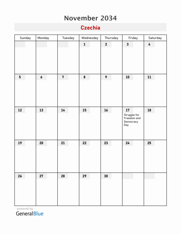 Czechia November 2034 Calendar with Holidays