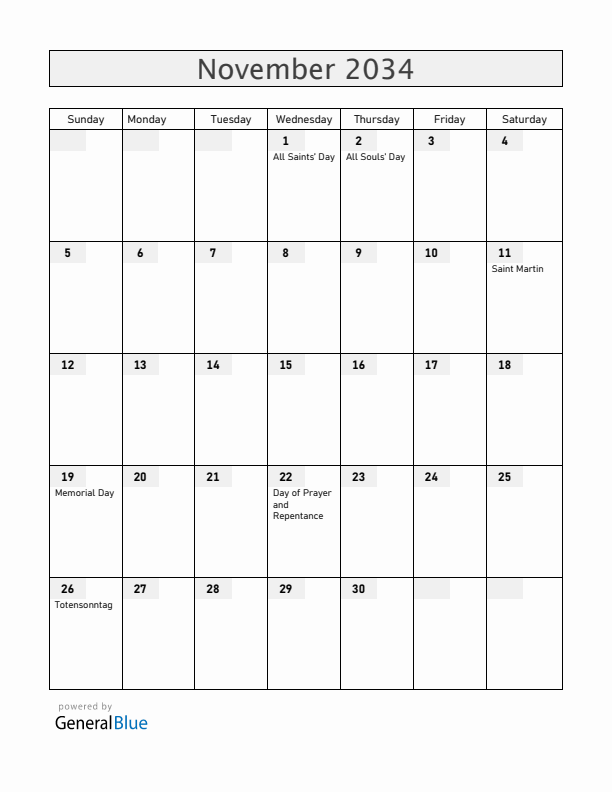 Germany November 2034 Calendar with Holidays