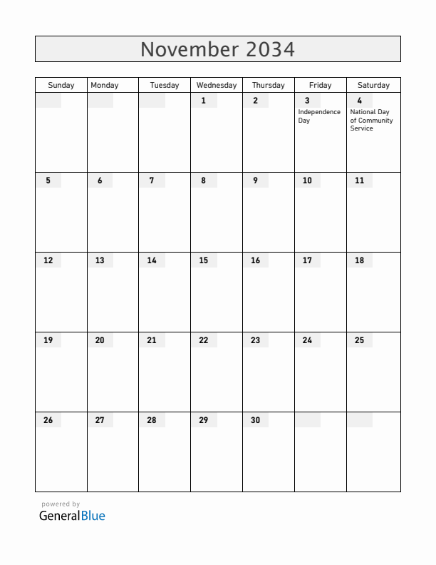Dominica November 2034 Calendar with Holidays