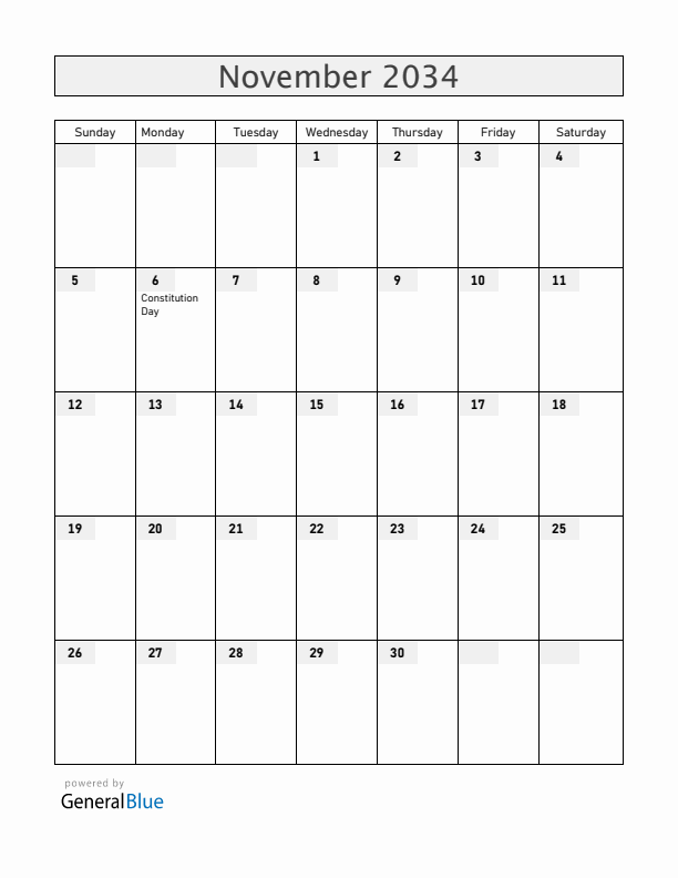 Dominican Republic November 2034 Calendar with Holidays