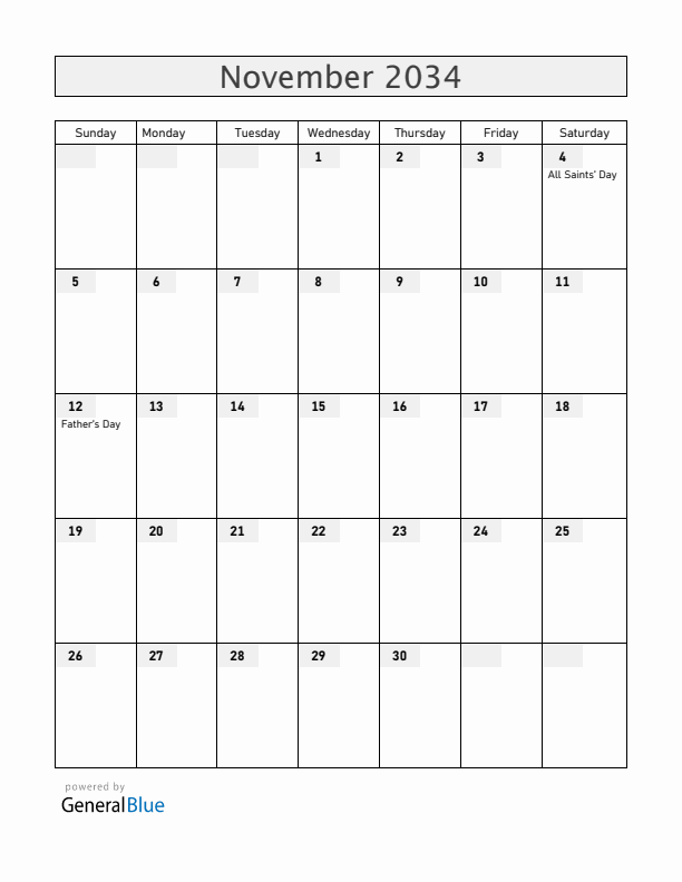 Finland November 2034 Calendar with Holidays