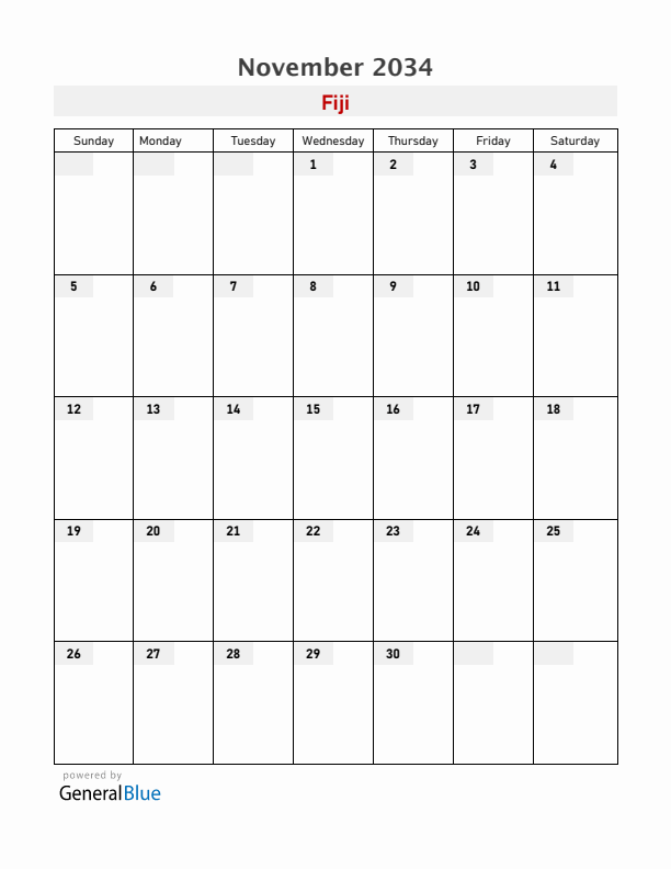 Fiji November 2034 Calendar with Holidays