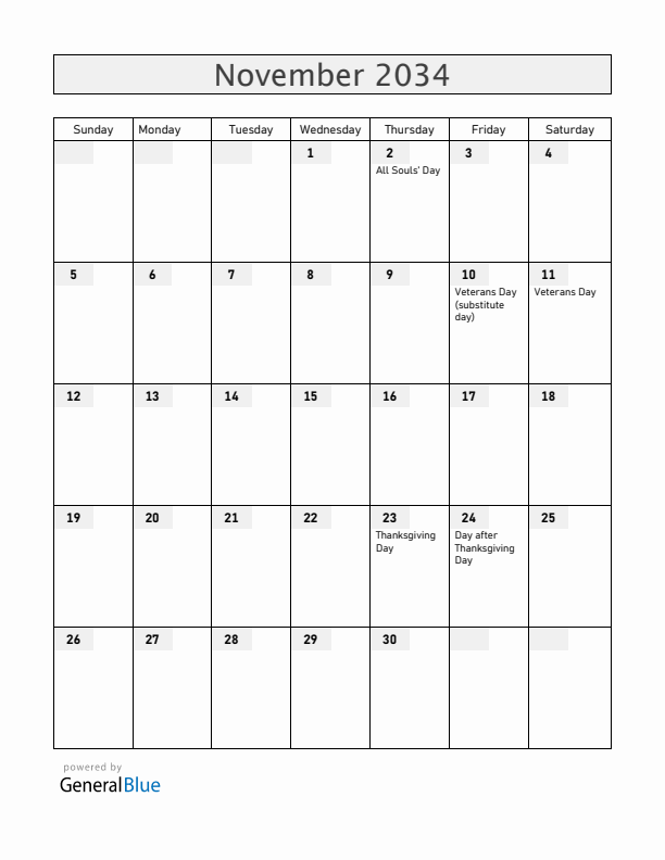 Guam November 2034 Calendar with Holidays