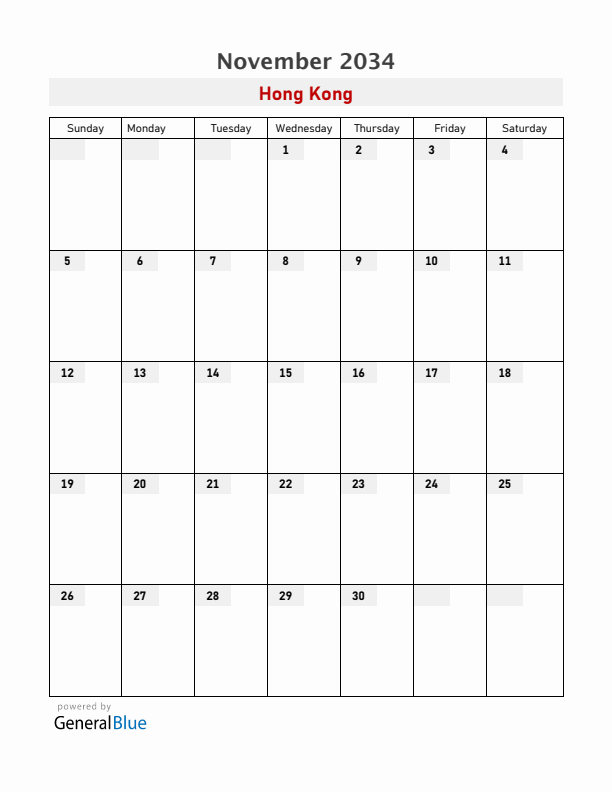 Hong Kong November 2034 Calendar with Holidays