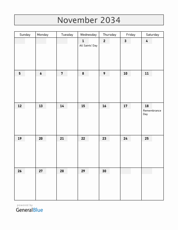 Croatia November 2034 Calendar with Holidays
