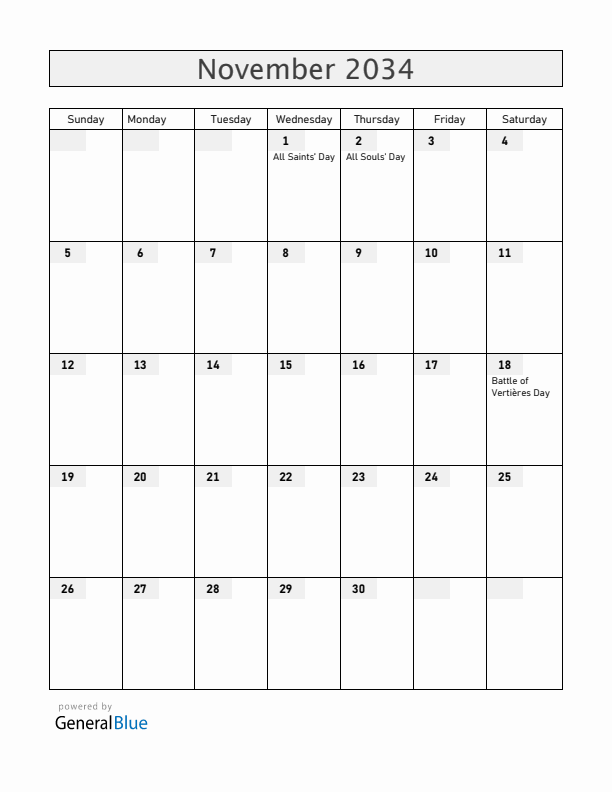 Haiti November 2034 Calendar with Holidays