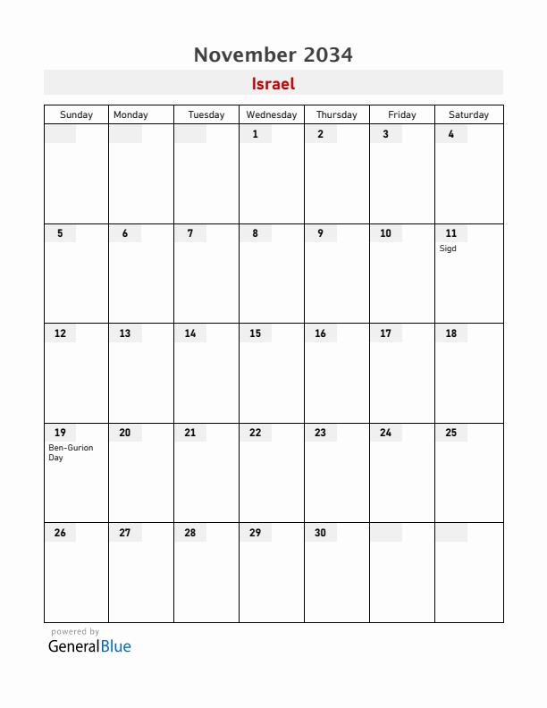 Israel November 2034 Calendar with Holidays