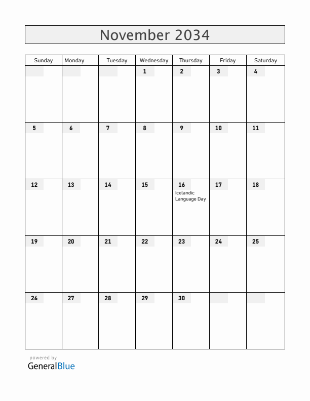 Iceland November 2034 Calendar with Holidays
