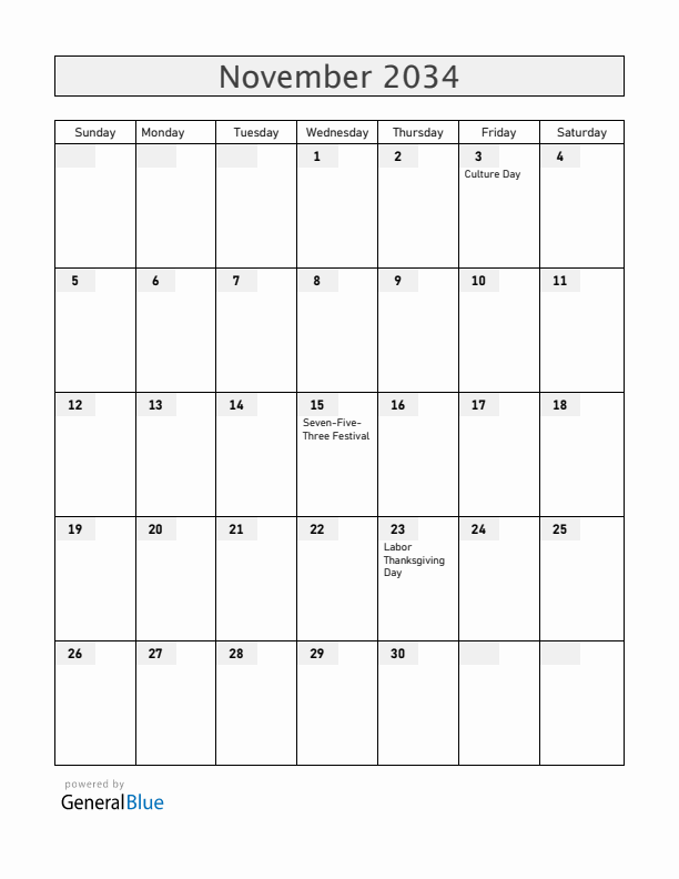 Japan November 2034 Calendar with Holidays