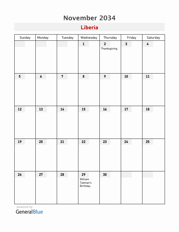 Liberia November 2034 Calendar with Holidays