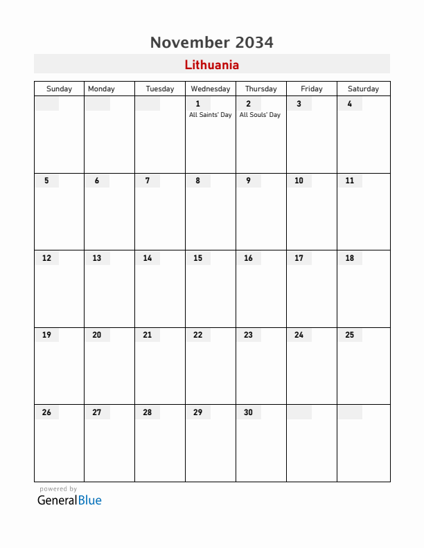Lithuania November 2034 Calendar with Holidays
