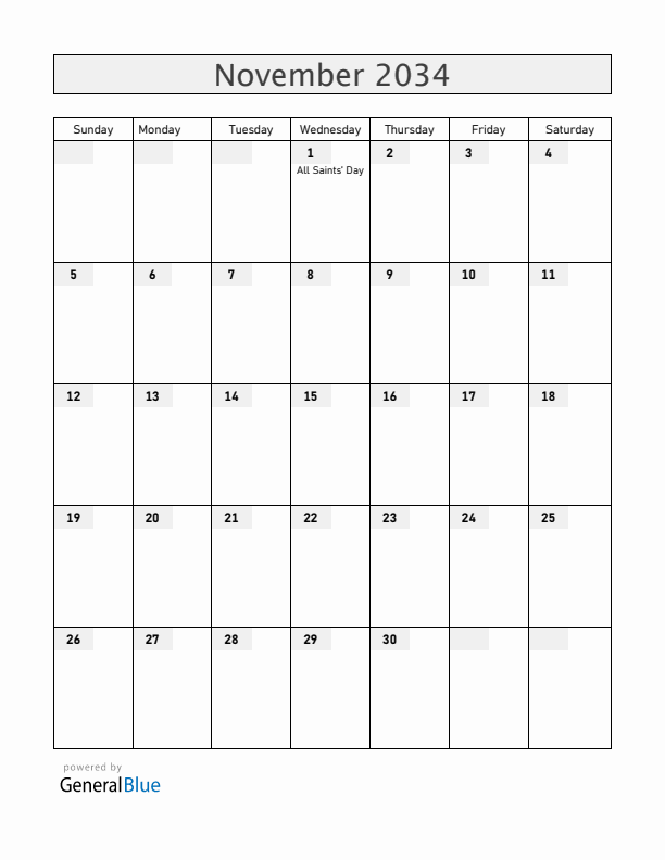 Luxembourg November 2034 Calendar with Holidays