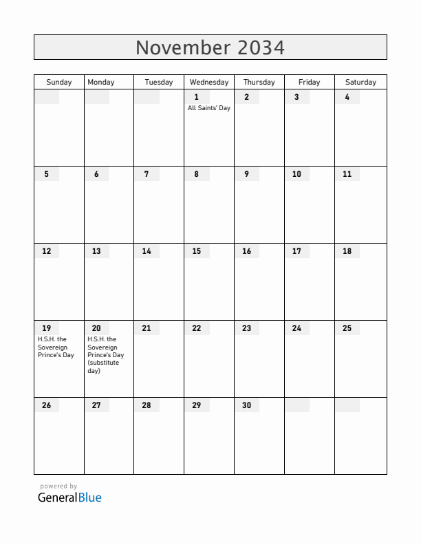 Monaco November 2034 Calendar with Holidays