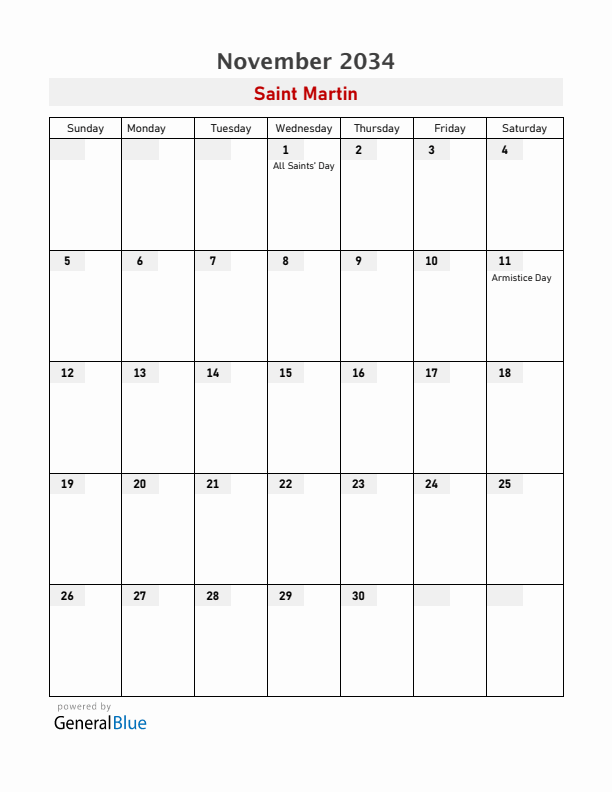 Saint Martin November 2034 Calendar with Holidays
