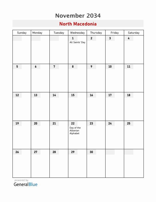 North Macedonia November 2034 Calendar with Holidays