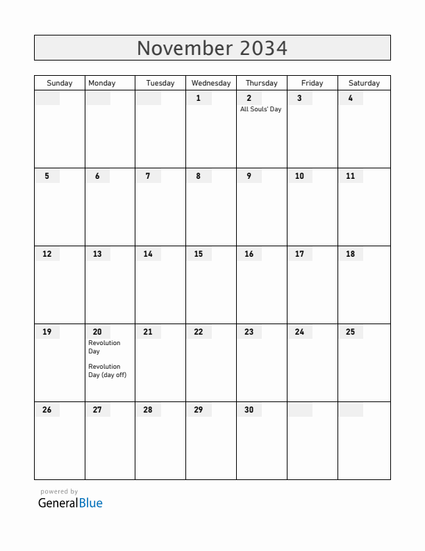 Mexico November 2034 Calendar with Holidays
