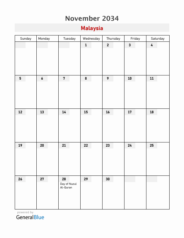 Malaysia November 2034 Calendar with Holidays