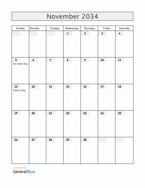 Norway November 2034 Calendar with Holidays