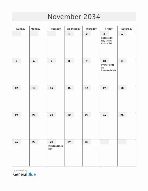 Panama November 2034 Calendar with Holidays