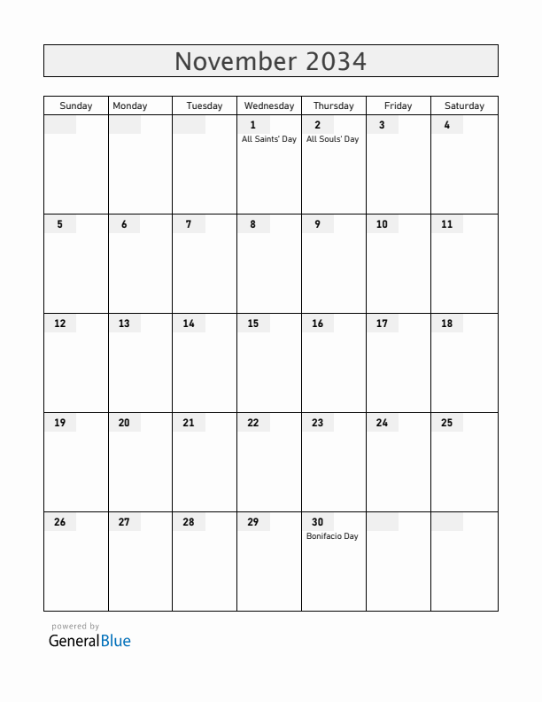 Philippines November 2034 Calendar with Holidays
