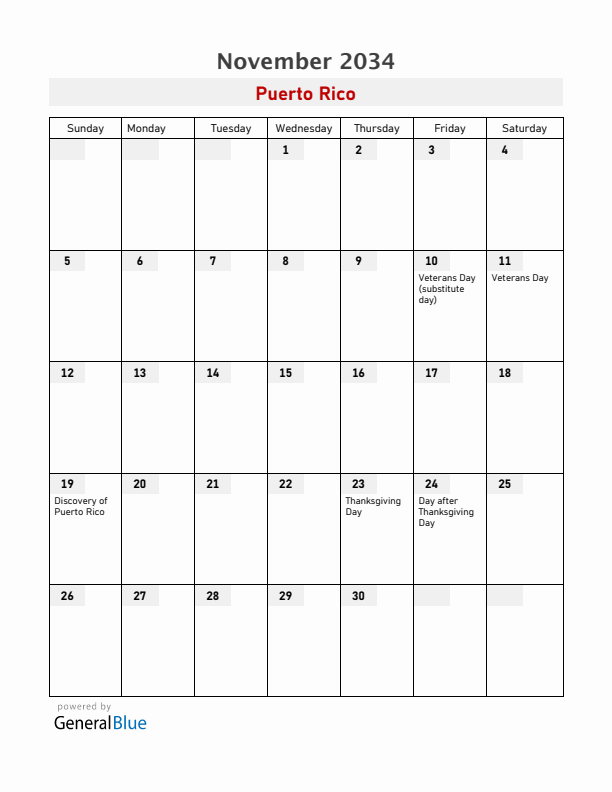 Puerto Rico November 2034 Calendar with Holidays