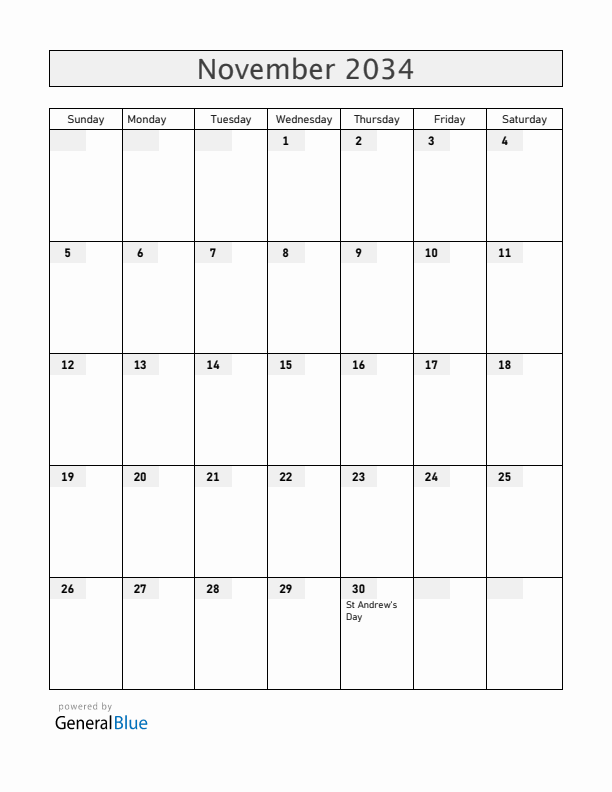 Romania November 2034 Calendar with Holidays
