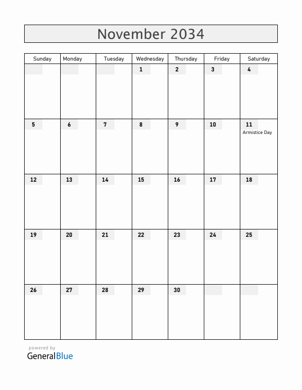 Serbia November 2034 Calendar with Holidays