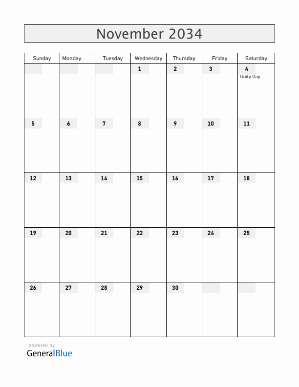 Russia November 2034 Calendar with Holidays