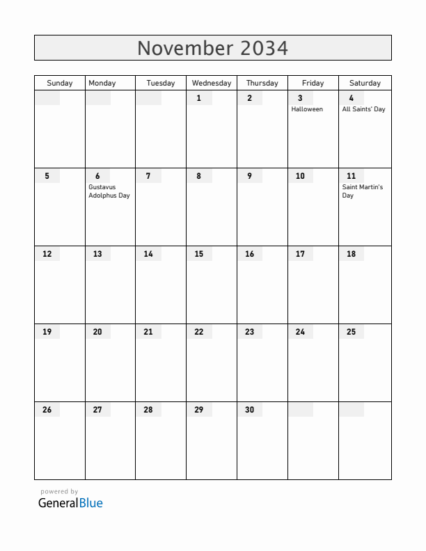 Sweden November 2034 Calendar with Holidays