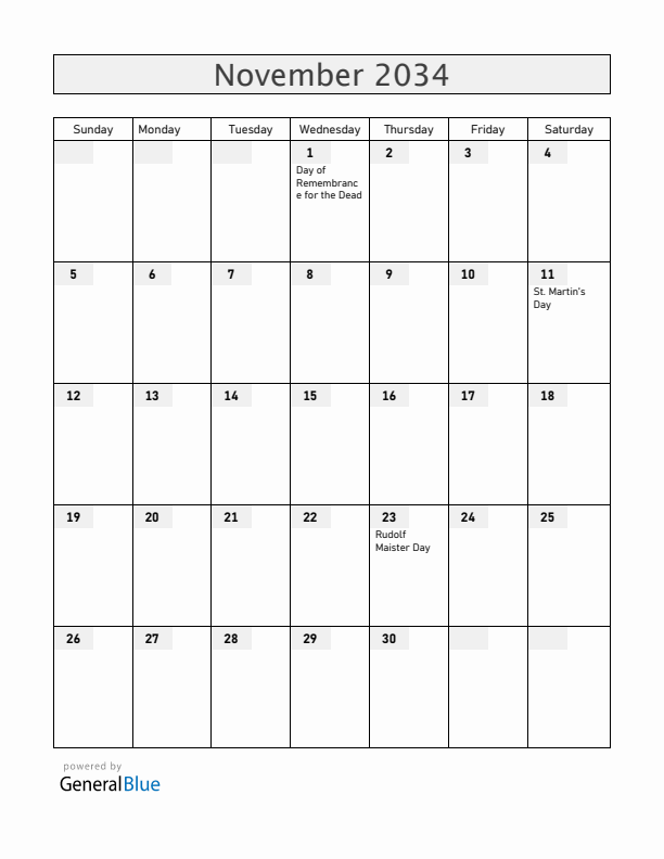 Slovenia November 2034 Calendar with Holidays