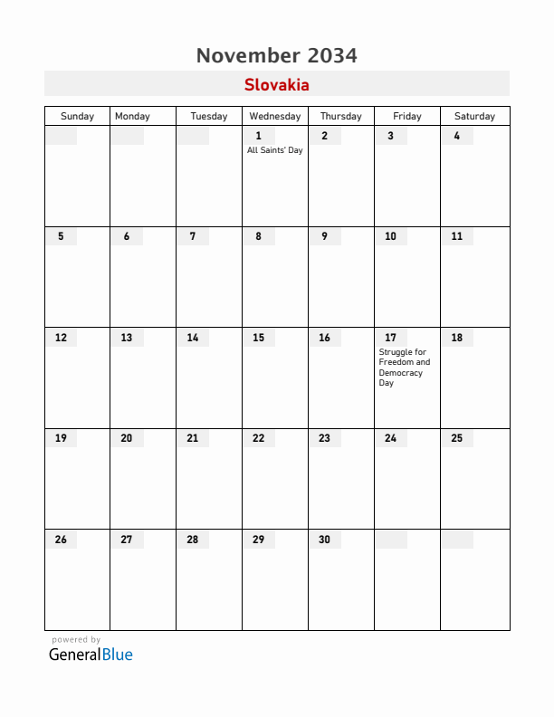 Slovakia November 2034 Calendar with Holidays