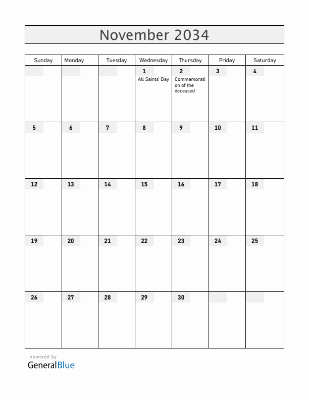 San Marino November 2034 Calendar with Holidays