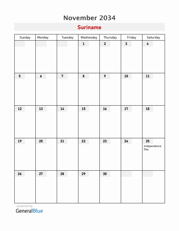 Suriname November 2034 Calendar with Holidays