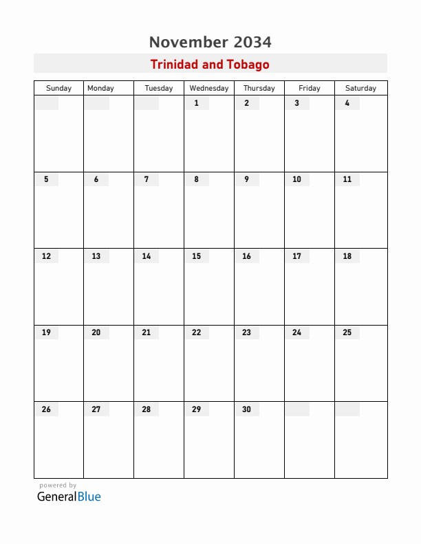 Trinidad and Tobago November 2034 Calendar with Holidays