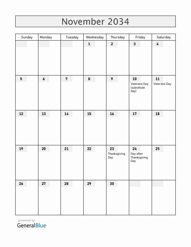 United States November 2034 Calendar with Holidays