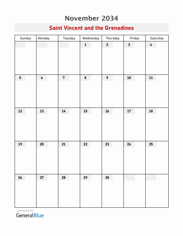 Saint Vincent and the Grenadines November 2034 Calendar with Holidays