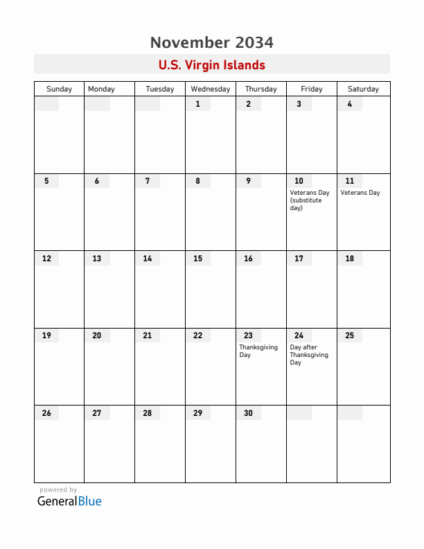 U.S. Virgin Islands November 2034 Calendar with Holidays