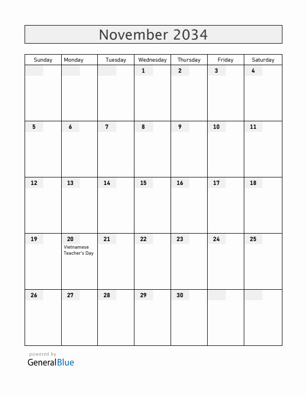 Vietnam November 2034 Calendar with Holidays