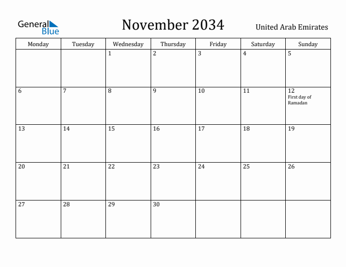 November 2034 Calendar United Arab Emirates