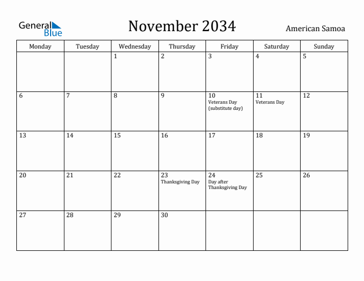 November 2034 Calendar American Samoa