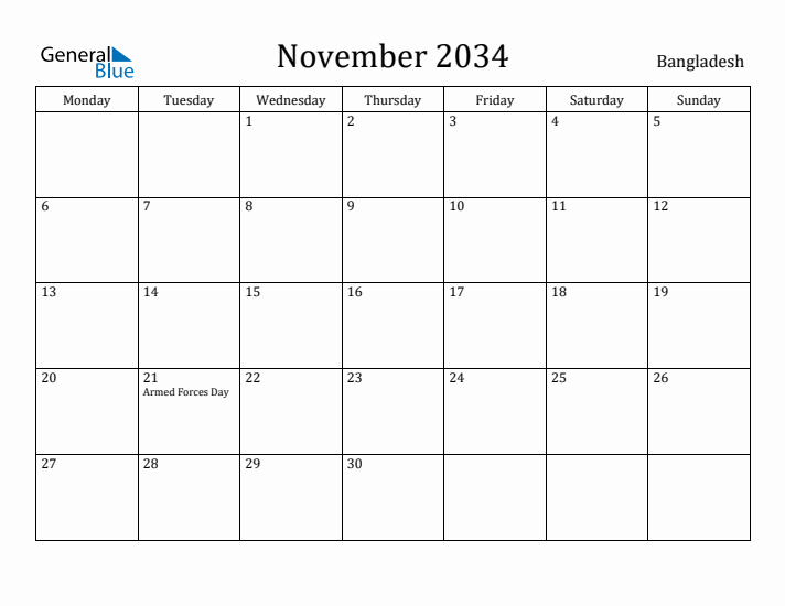 November 2034 Calendar Bangladesh