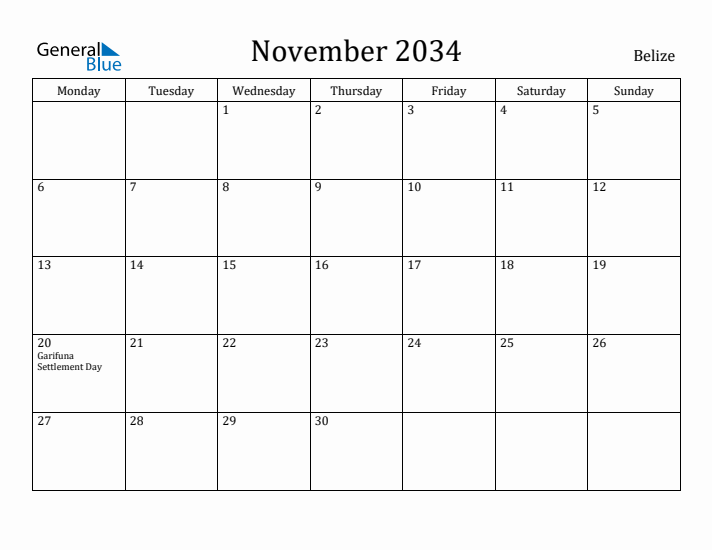 November 2034 Calendar Belize